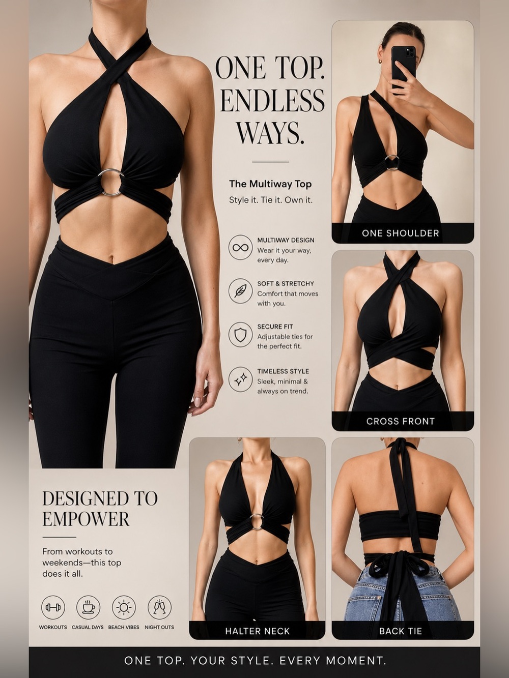 Black Halter Wrap Tie-Back Crop Top